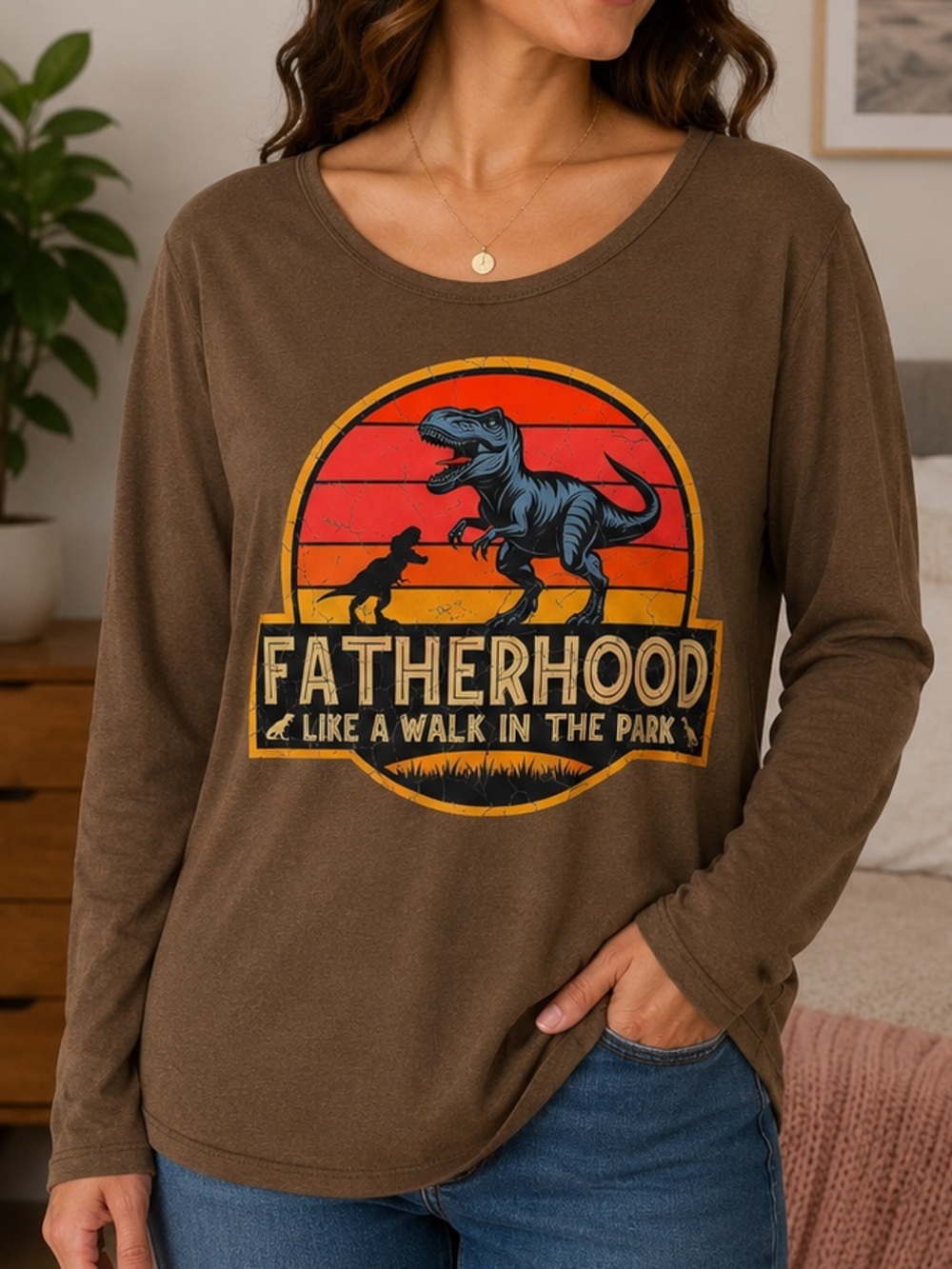 LuLaRoe women’s Brown Long-Sleeve Tee with Multicolor Dinosaur Graphic LARGE